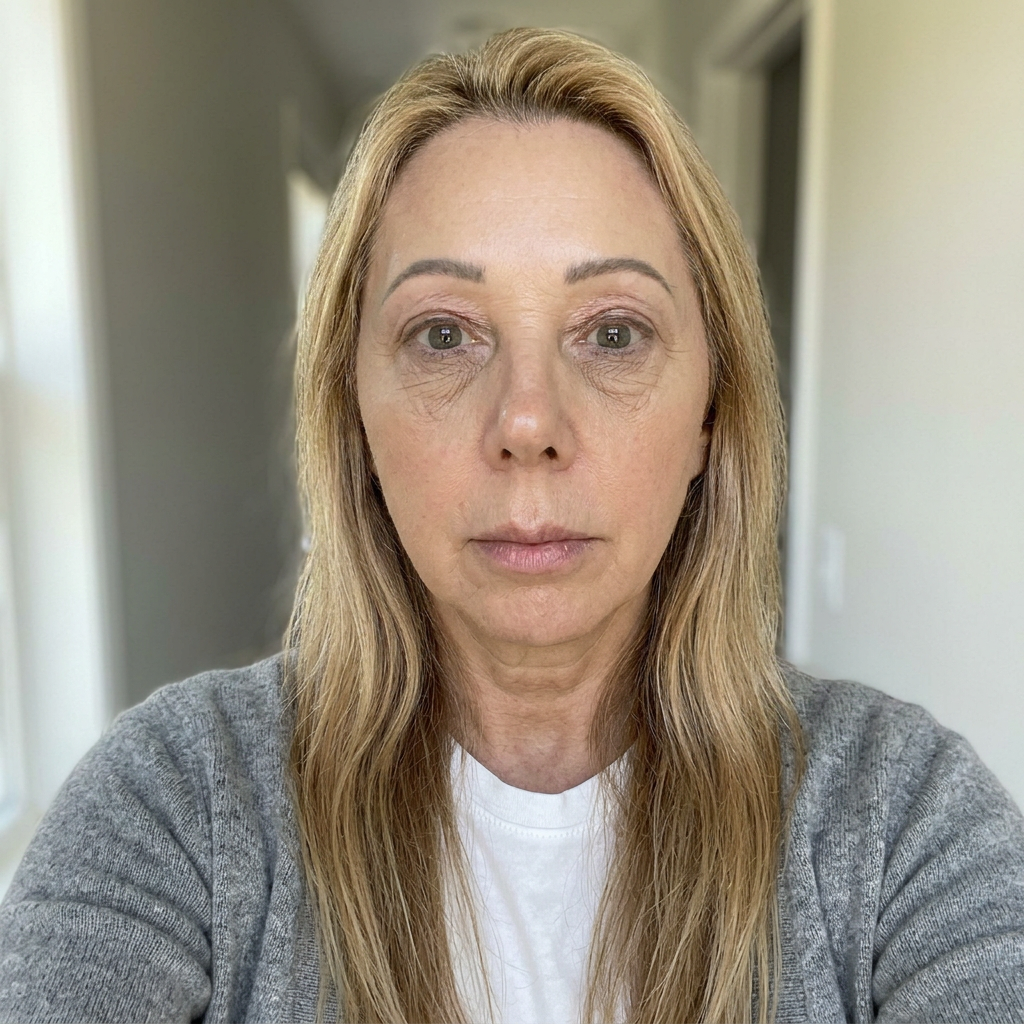 A woman looking closely at her under-eye area in a bathroom mirror